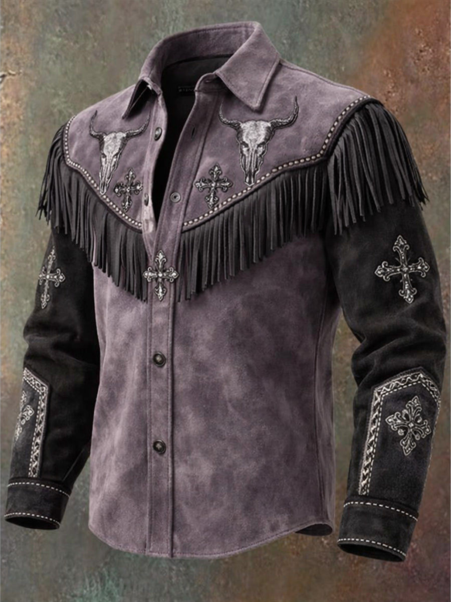 Men's Retro Western Style Art Print Vintage Tassel Casual Long Sleeve Shirt