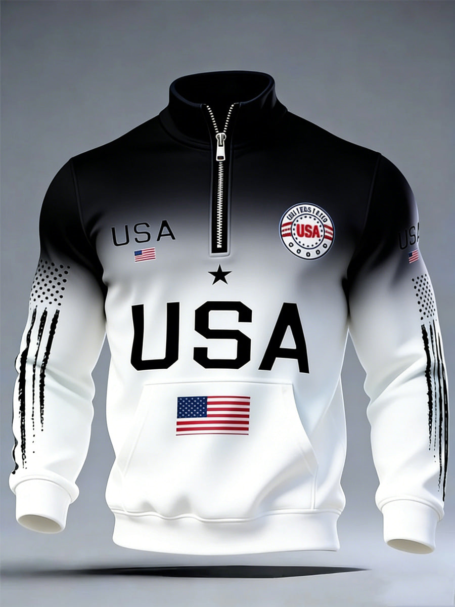 USA Flag Art Print Long Sleeve Zipper Sweatshirt