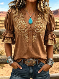 Women's Vintage Art Print Puff Sleeve Casual Shirt