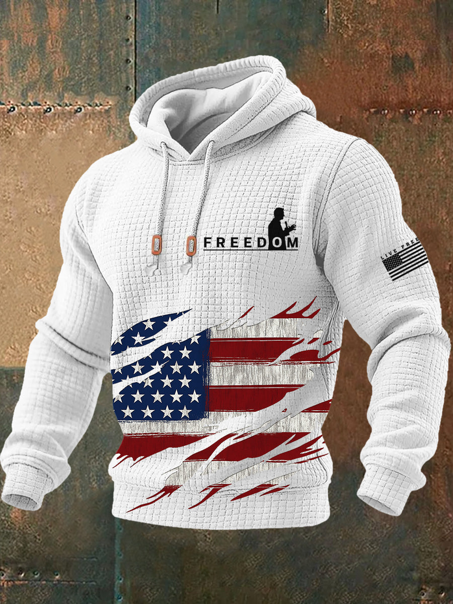Men's Freedom American Flag Print Retro Casual Plush Inner Liner Hooded Long Sleeves Sweatshirt