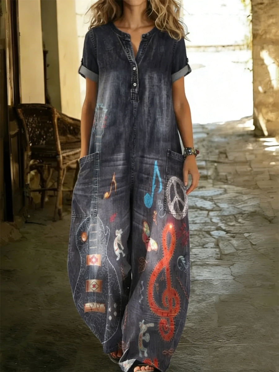 Women's Retro Floral Color-Blocked Art Print Washed Cotton Denim Patchwork Jumpsuit