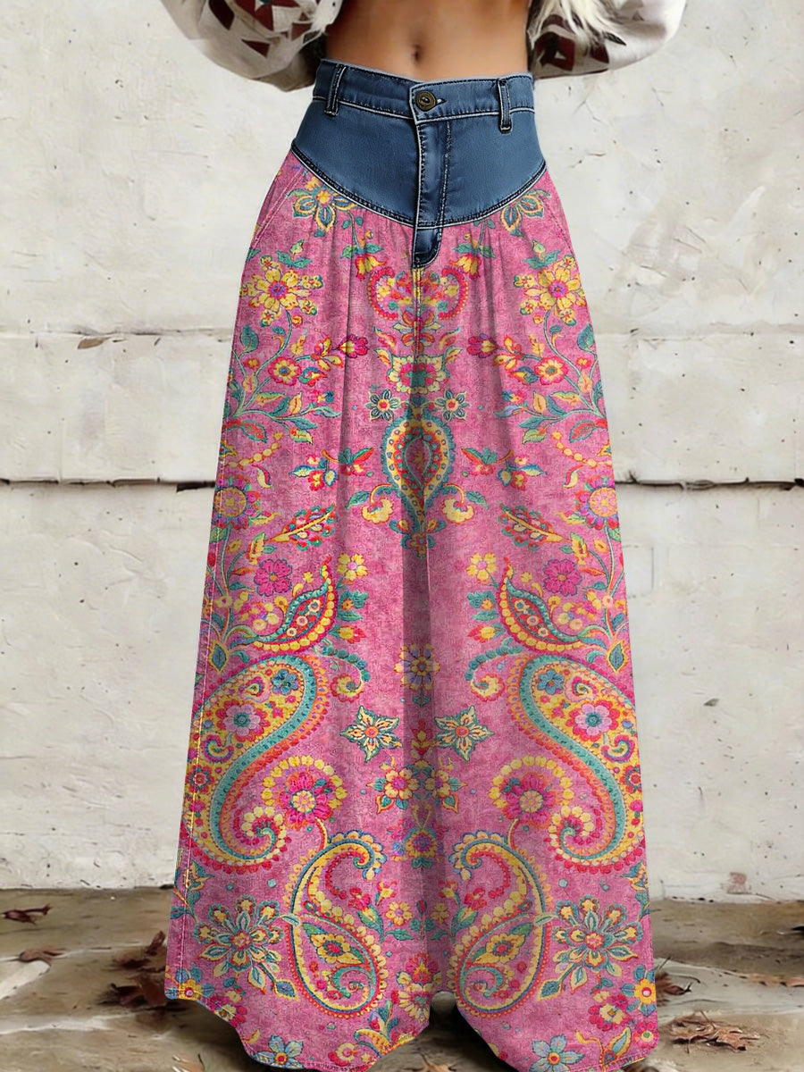 Women's Retro Floral Color-Blocked Art Print Casual Style Wide Leg Pants