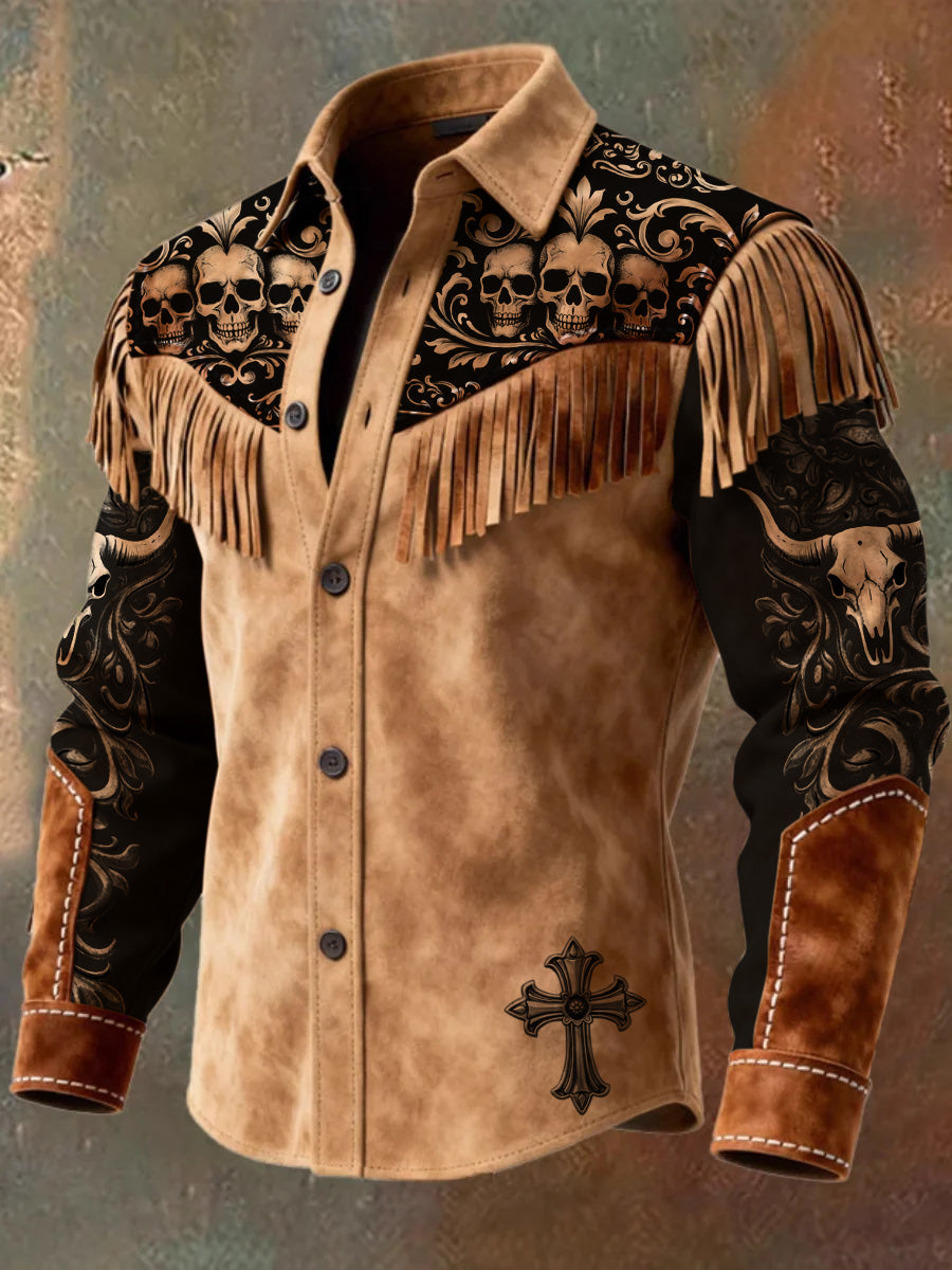 Men's Retro Western Style Art Print Vintage Tassel Casual Long Sleeve Shirt