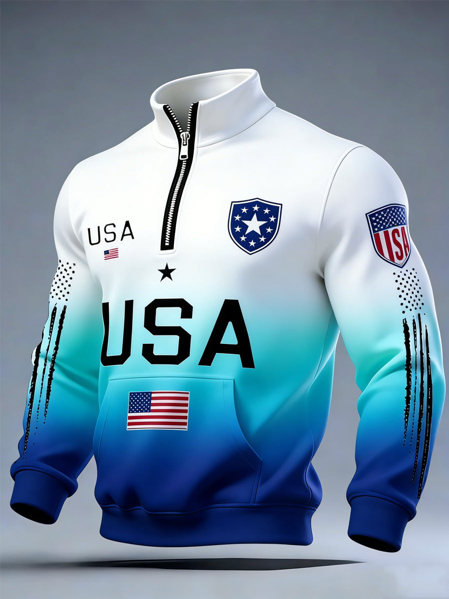 USA Flag Art Print Long Sleeve Zipper Sweatshirt