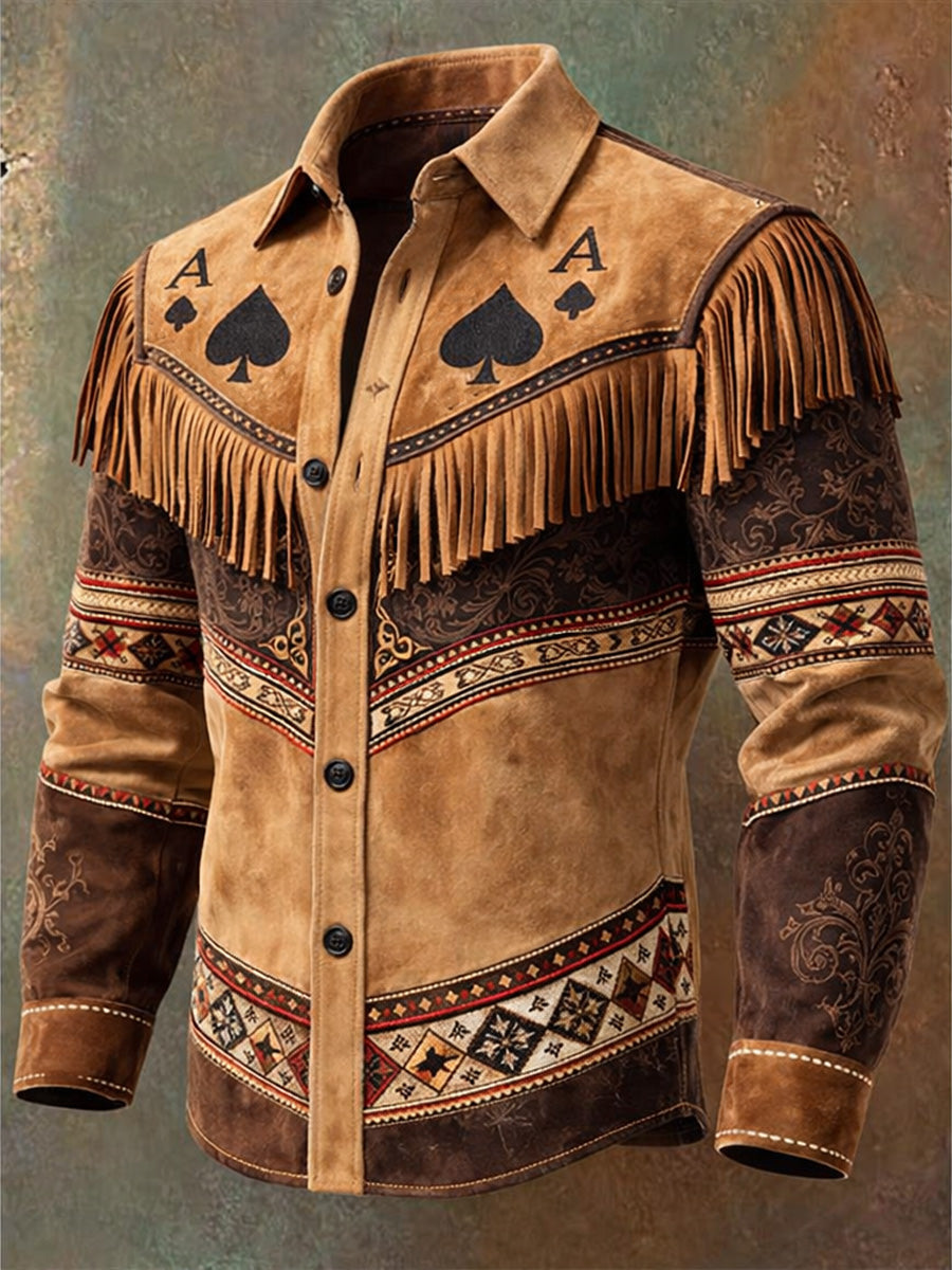Men's Retro Western Style Art Print Vintage Tassel Casual Long Sleeve Shirt