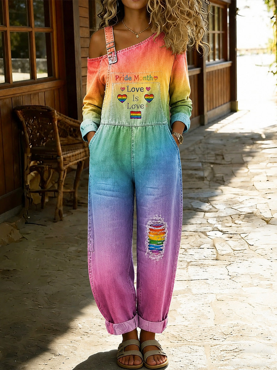 Women's Retro Pride Month Rainbow Art Print Washed Cotton Denim Patchwork Jumpsuit