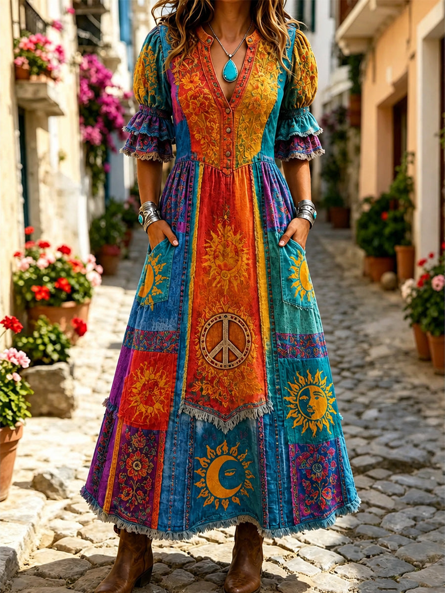 Women's Retro Art Print Washed Cotton Lace Patchwork Midi Dress