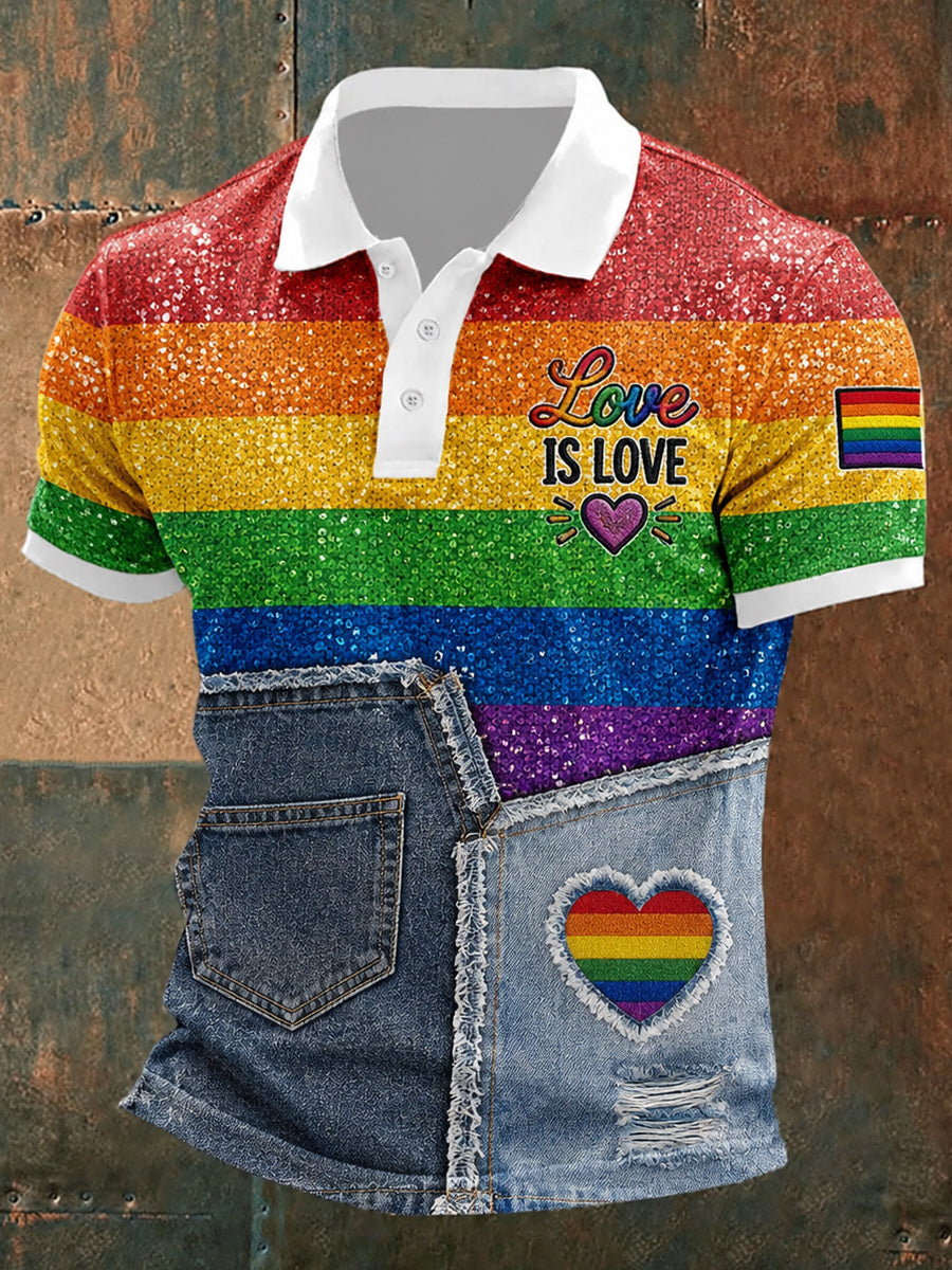 Retro Pride Month Rainbow Art Printed Retro Round Neck Short Sleeves Polo-Shirt