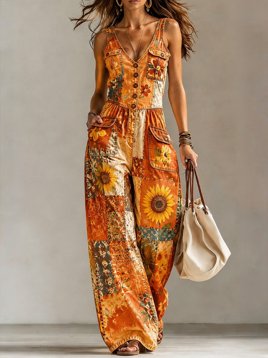 Women's Retro Style Art Print Washed Cotton Denim Pocket Patchwork Jumpsuit