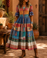 Women's Retro Art Print Washed Cotton Lace Patchwork Midi Dress