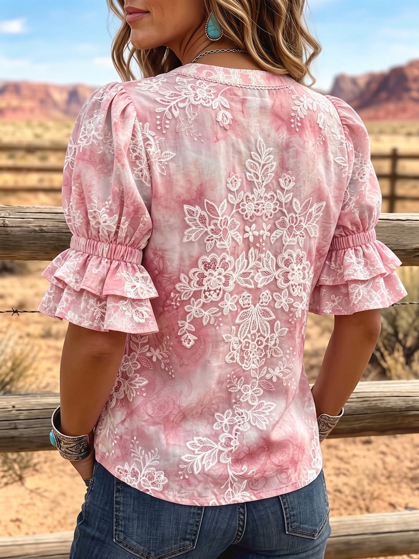Women's Vintage Art Print Puff Sleeve Casual Shirt