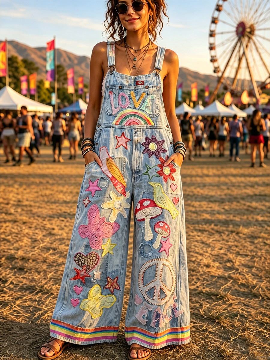 Women's Retro Style Art Print Washed Cotton Denim Patchwork Jumpsuit