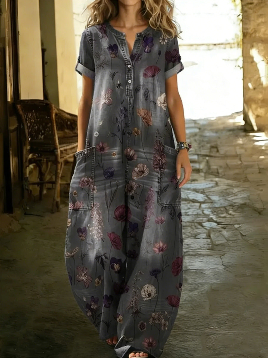Women's Retro Floral Color-Blocked Art Print Washed Cotton Denim Patchwork Jumpsuit