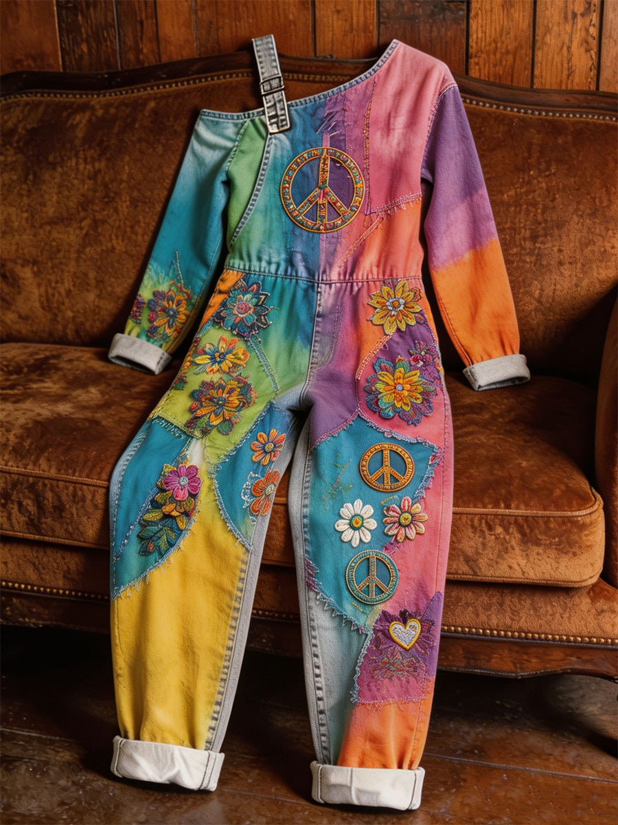 Women's Casual Art Print Retro Washed Cotton Denim Patchwork Jumpsuit