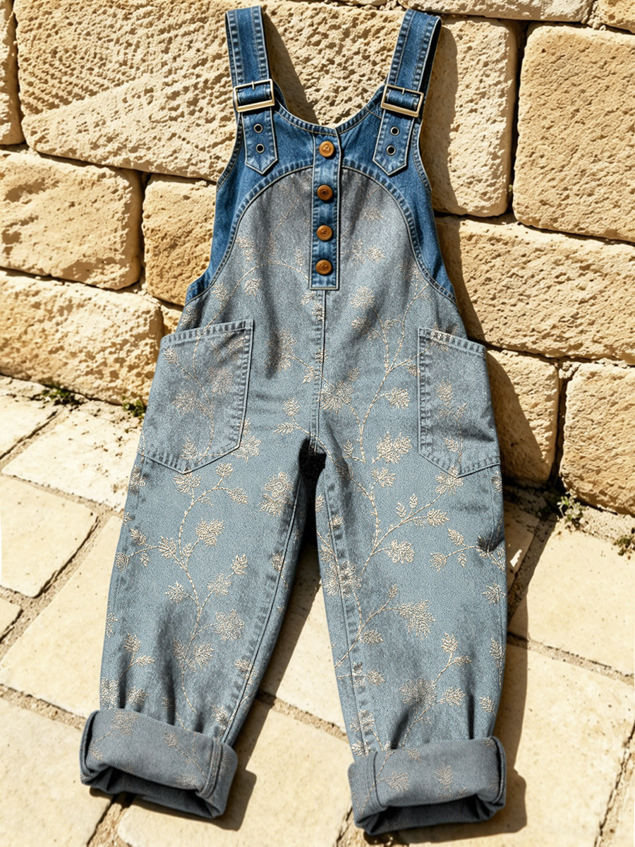 Women's Retro Style Print Washed Cotton Denim Patchwork Jumpsuit