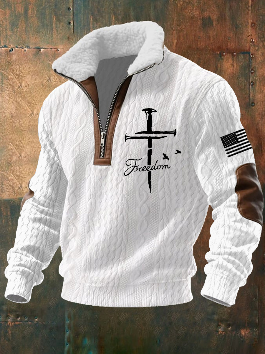 Men's Freedom American Flag Print Jacquard Fabric Zipper Fur Collar Long Sleeve Sweatshirt