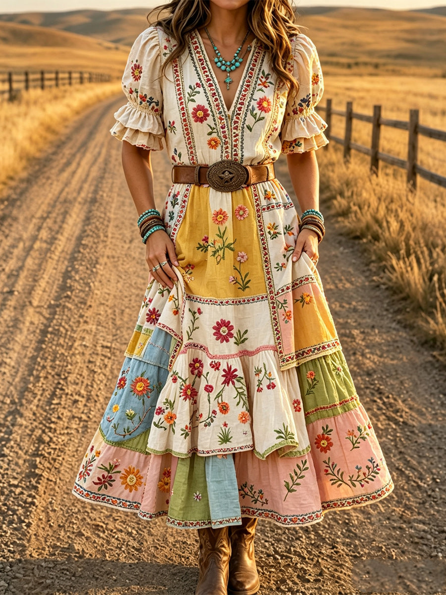 Women's Retro Art Print Washed Cotton Lace Patchwork Midi Dress