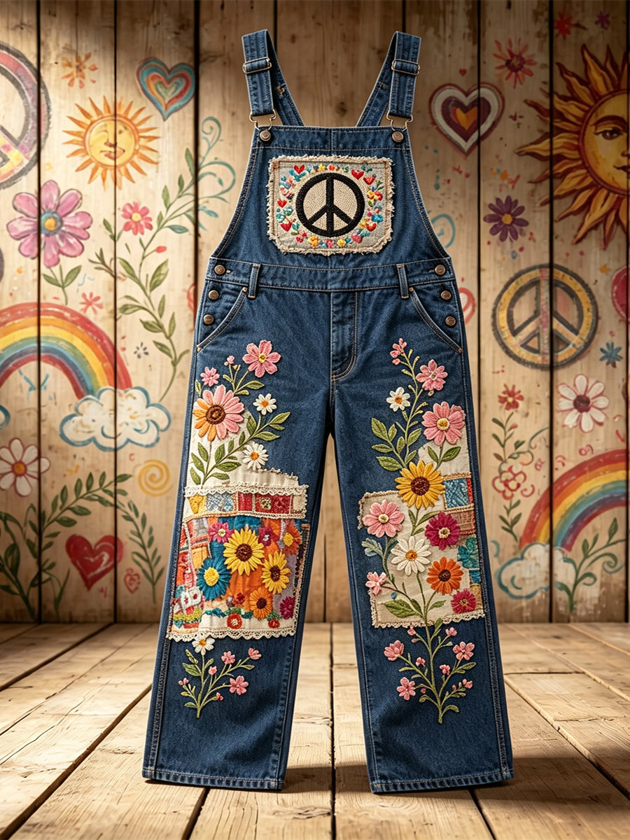Women's Retro Style Art Print Washed Cotton Denim Patchwork Jumpsuit