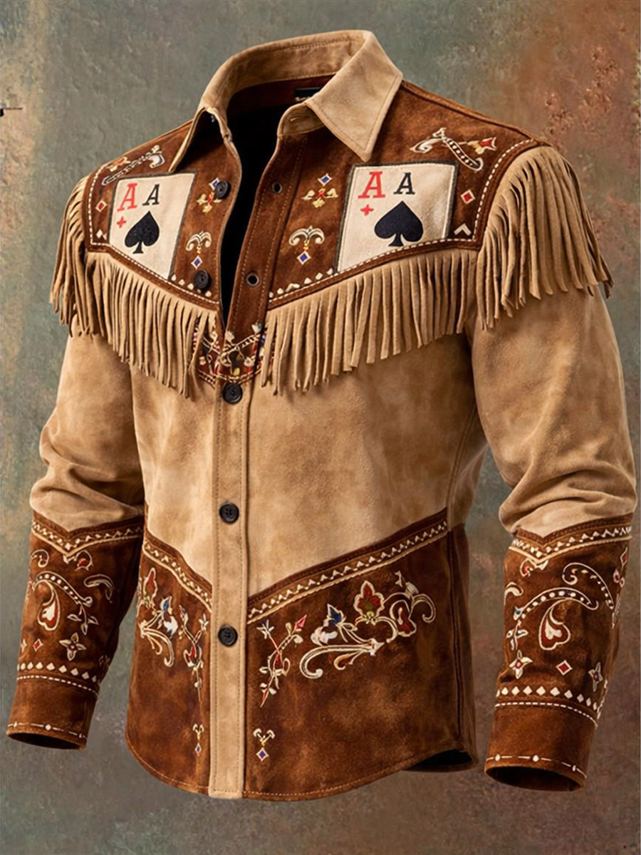 Men's Retro Western Style Art Print Vintage Tassel Casual Long Sleeve Shirt