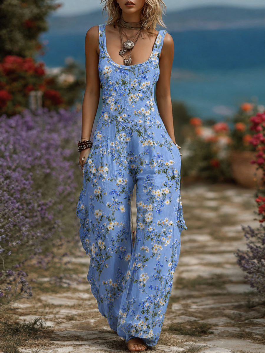 Women's Retro Style Art Print Washed Cotton Denim Patchwork Jumpsuit