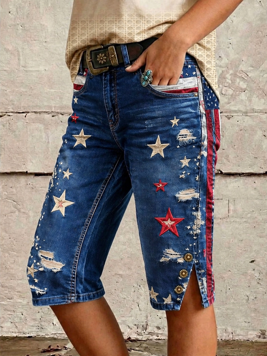 Retro Style Floral Art Print Vintage Casual Denim Shorts