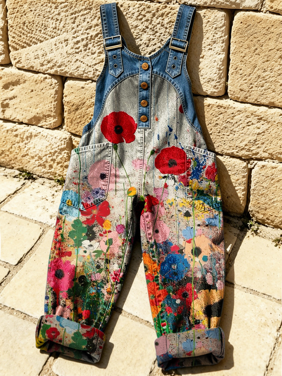 Women's Retro Floral Color-Blocked Art Print Washed Cotton Denim Patchwork Jumpsuit