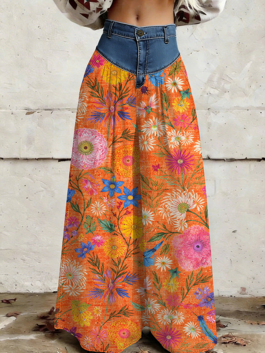 Women's Retro Floral Color-Blocked Art Print Casual Style Wide Leg Pants