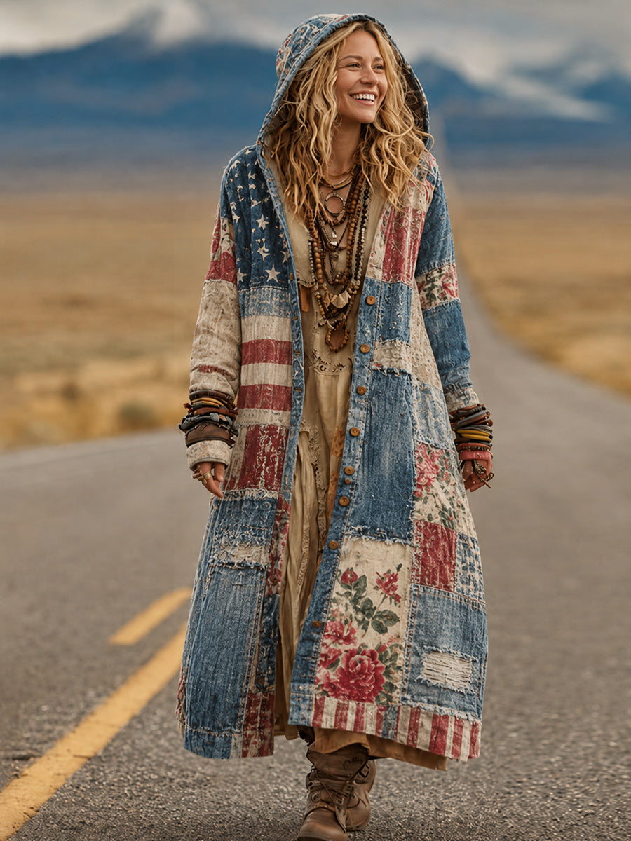 Retro Bohemian Style Art Printed Cotton Buttoned Hooded Casual Loose Long-Sleeved Shirt