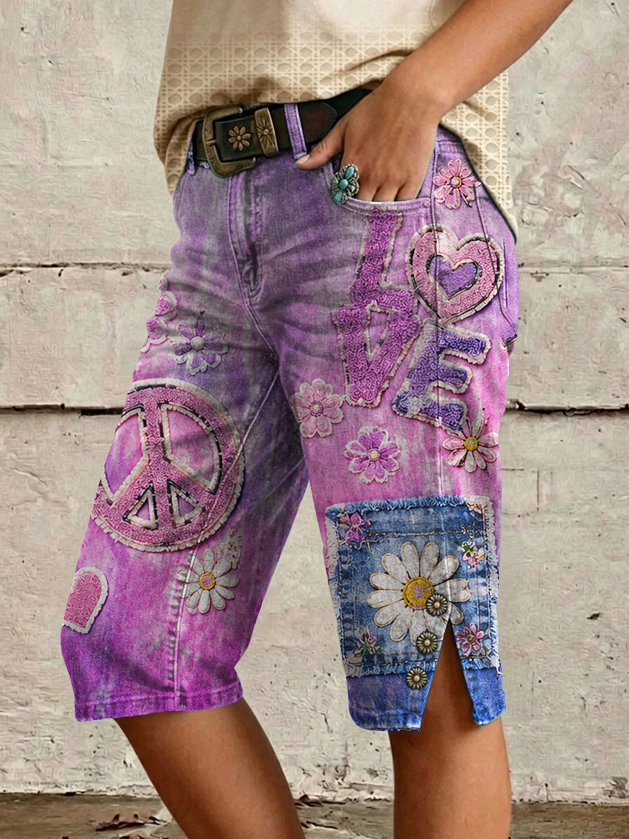 Retro Style Floral Print Vintage Casual Denim Shorts
