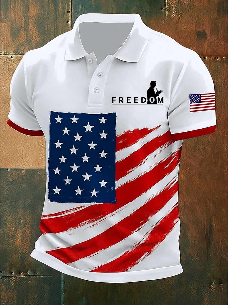Men's Freedom American Flag Print Retro Round Neck Short Sleeves Polo Shirt