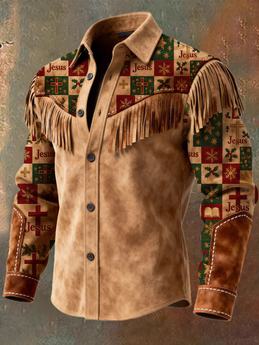 Men's Retro Western Style Art Print Vintage Tassel Casual Long Sleeve Shirt