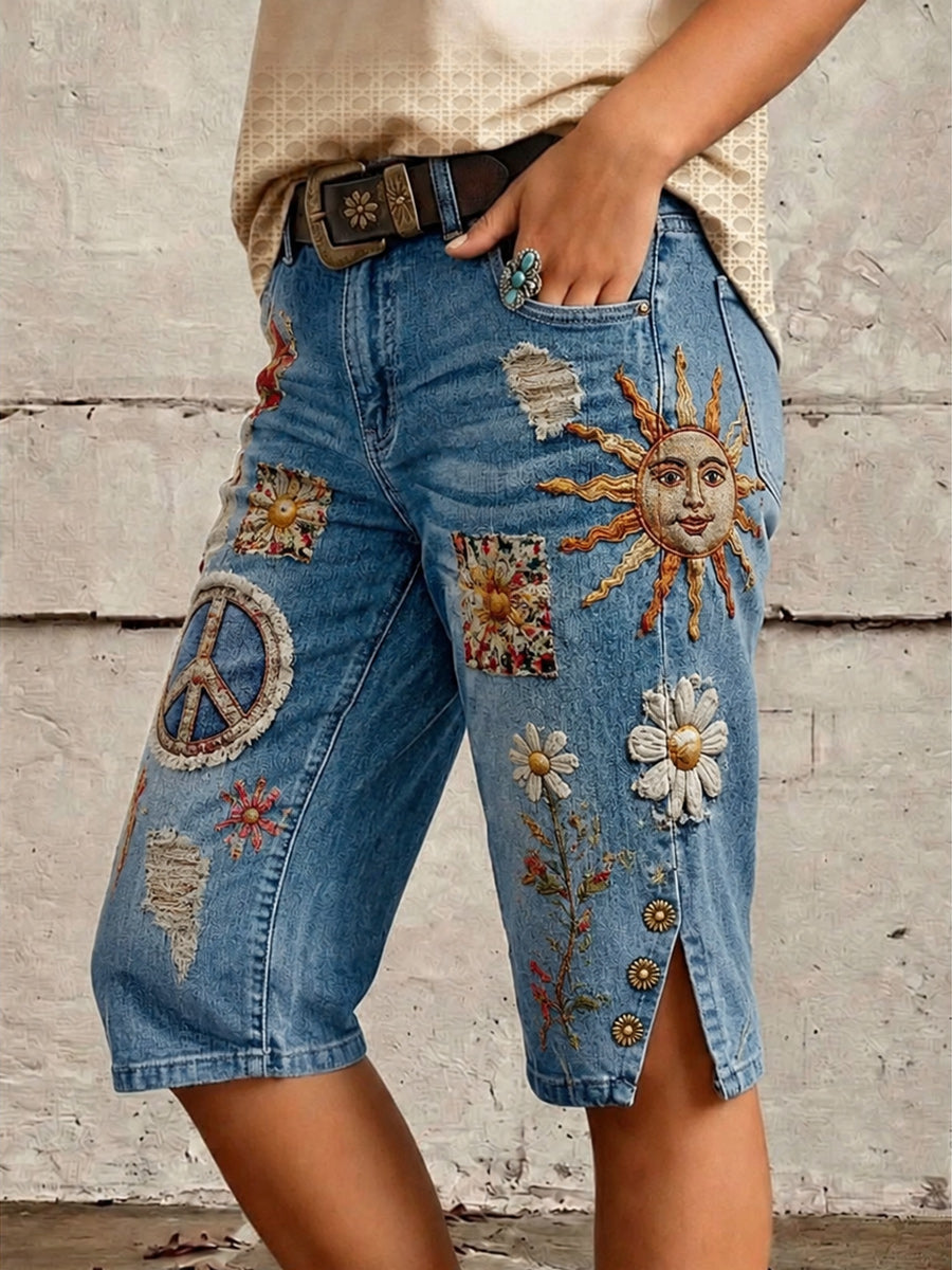 Retro Style Floral Art Print Vintage Casual Denim Shorts