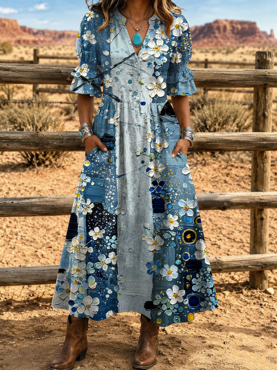 Women's Retro Hippy Art Print Washed Cotton Lace Patchwork Midi Dress