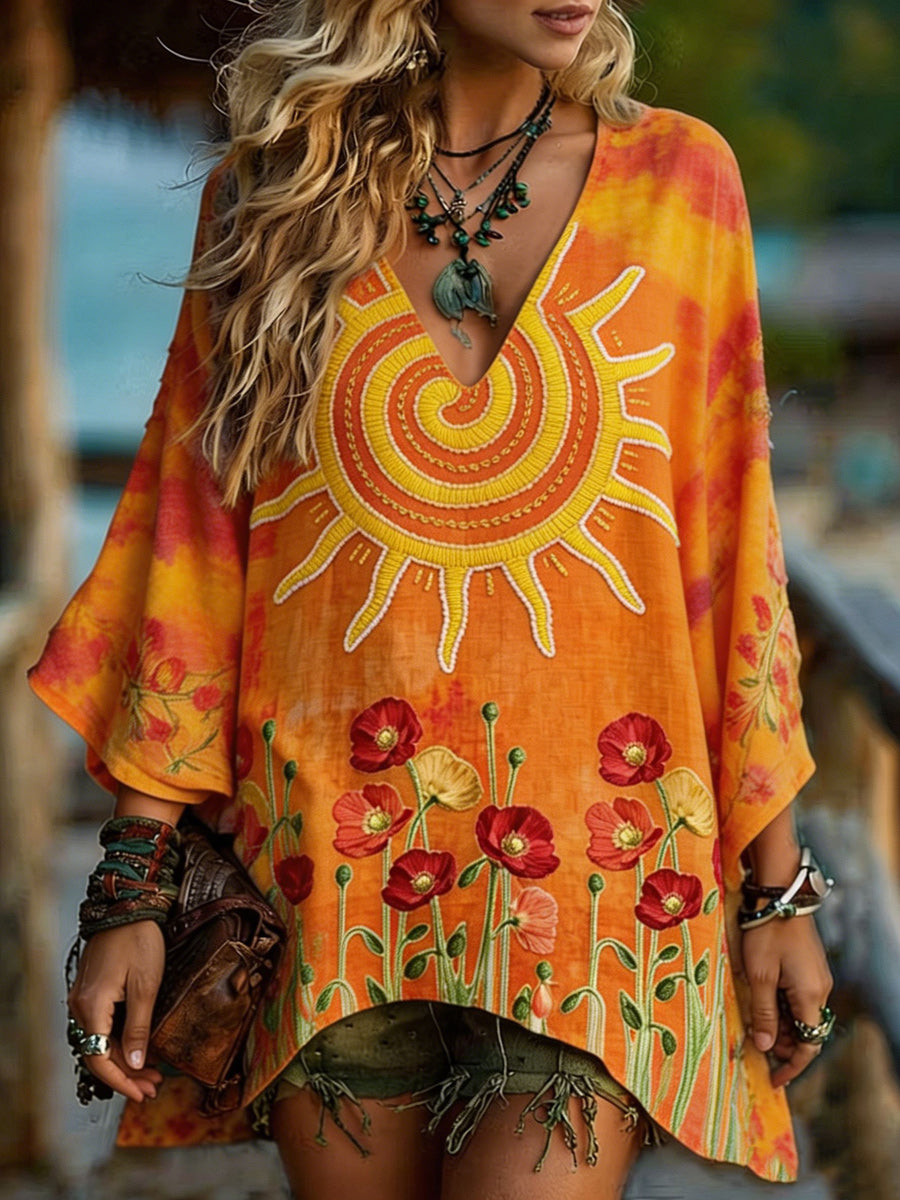 Women's Bohemian Casual Art Print Retro Washed V-Neck Long Sleeve Top