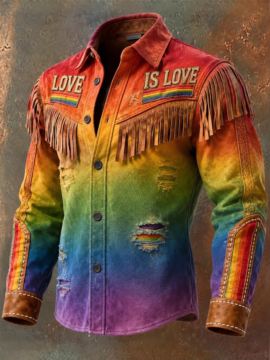 Men's Retro Pride Month Rainbow Art Print Western Vintage Tassel Casual Long Sleeve Shirt