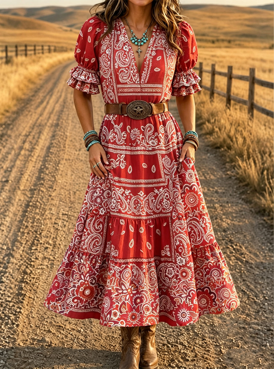 Women's Retro Art Print Washed Cotton Lace Patchwork Midi Dress