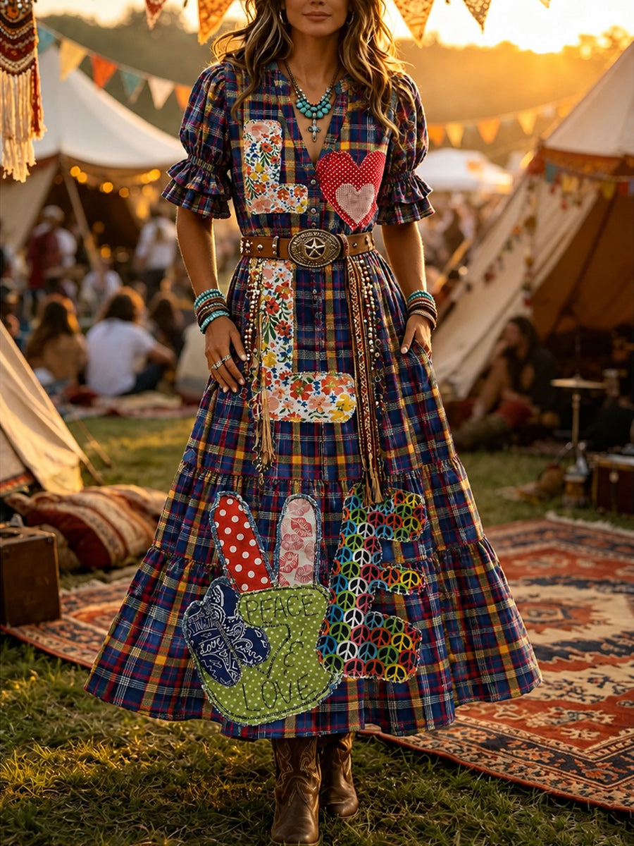 Women's Retro Art Print Washed Cotton Lace Patchwork Midi Dress