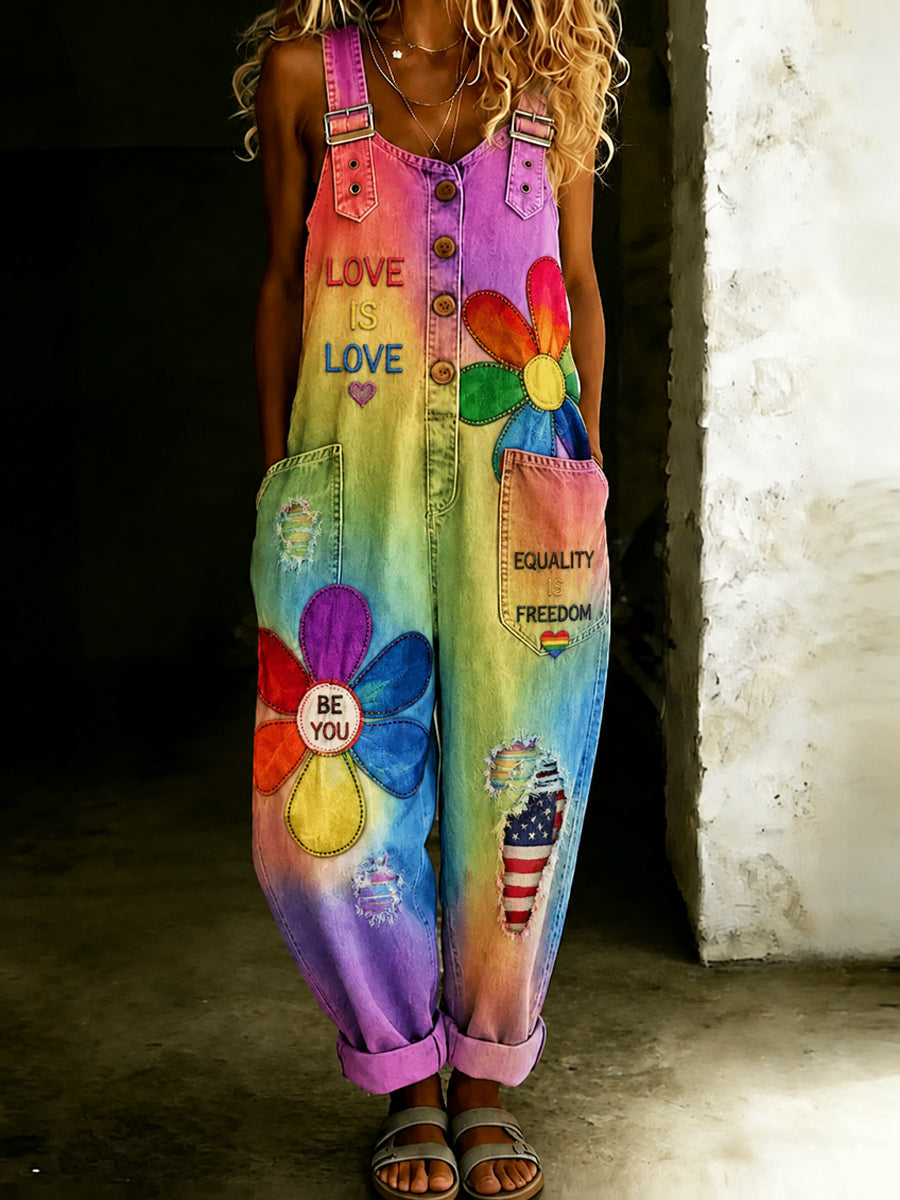 Women's Retro Pride Month Rainbow Art Print Washed Cotton Denim Patchwork Jumpsuit