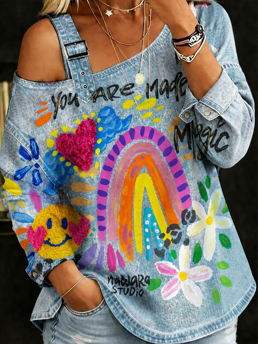 Retro Style Art Print Shoulder Straps Off-The-Shoulder Long Sleeve Top