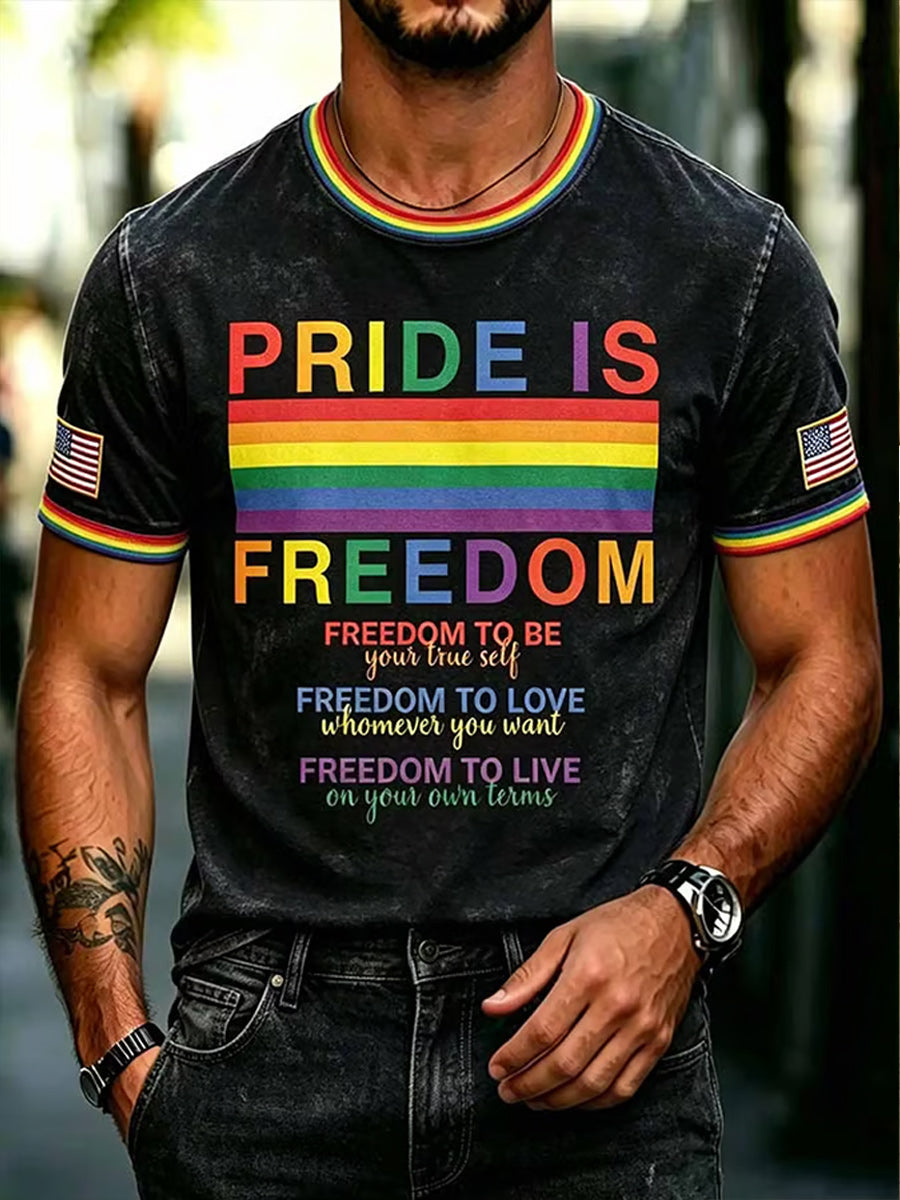 Retro Pride Month Rainbow Art Printed Round Neck Short Sleeves T-Shirt