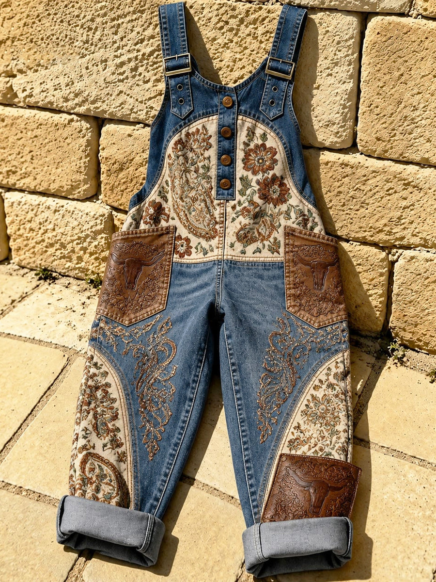 Women's Retro Style Print Washed Cotton Denim Patchwork Jumpsuit