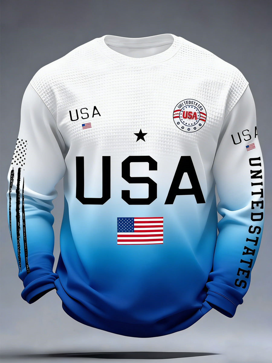 USA Flag Art Print Round-Neck Waffle Texture Long Sleeve Sweatshirt