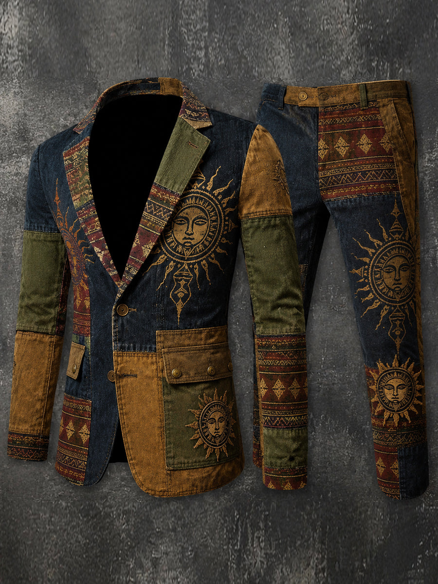 Men's Retro Style Art Print Casual Jacket Trousers Two-Piece Suits