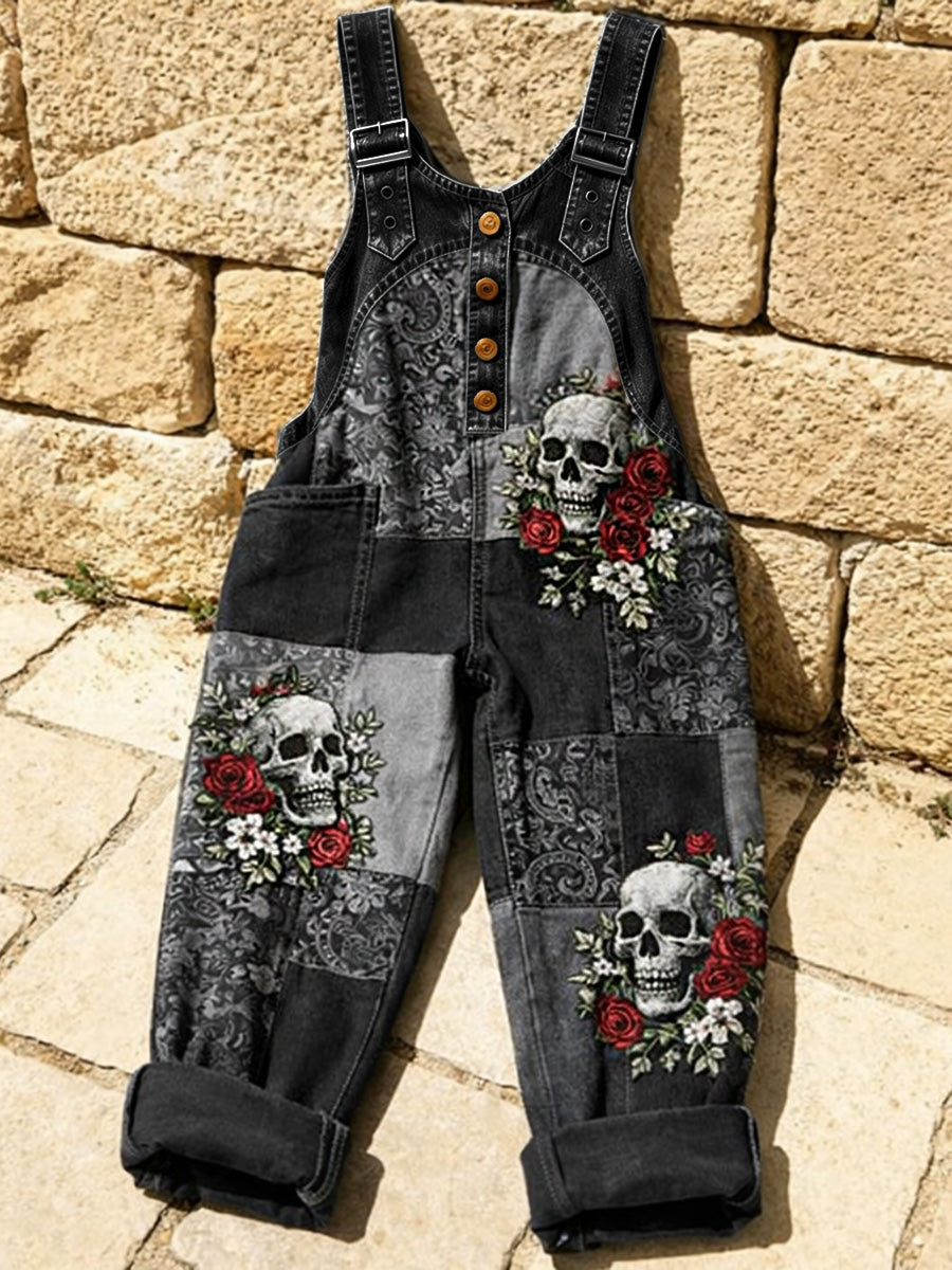 Women's Retro Floral Color-Blocked Art Print Washed Cotton Denim Patchwork Jumpsuit