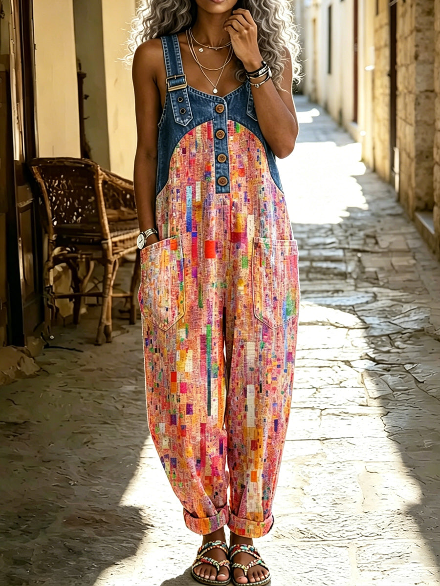Women's Retro Style Print Washed Cotton Denim Patchwork Jumpsuit
