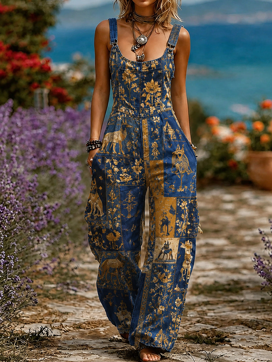 Women's Retro Style Art Print Washed Cotton Denim Patchwork Jumpsuit