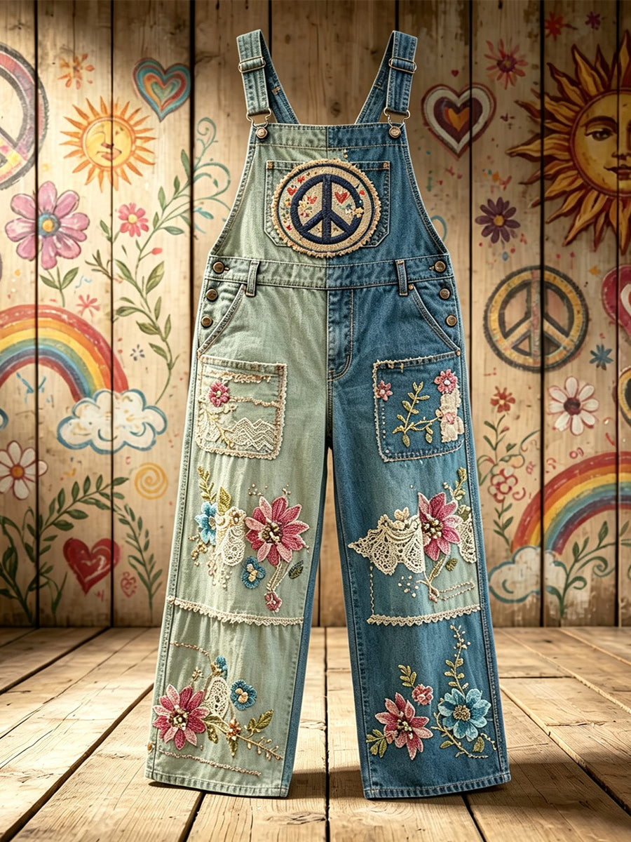 Women's Retro Style Art Print Washed Cotton Denim Patchwork Jumpsuit