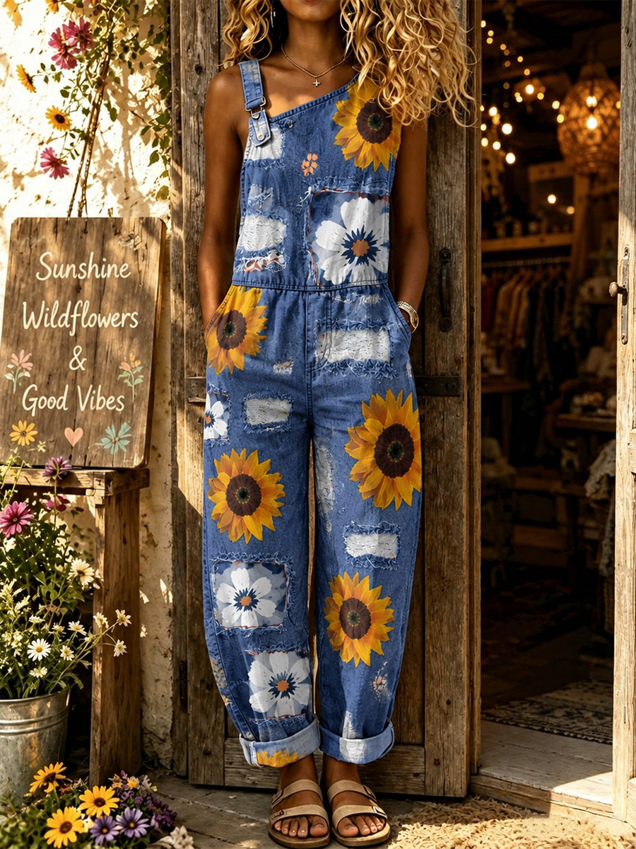 Women's Retro Style Art Print Washed Cotton Denim Patchwork Sleeveless Jumpsuit