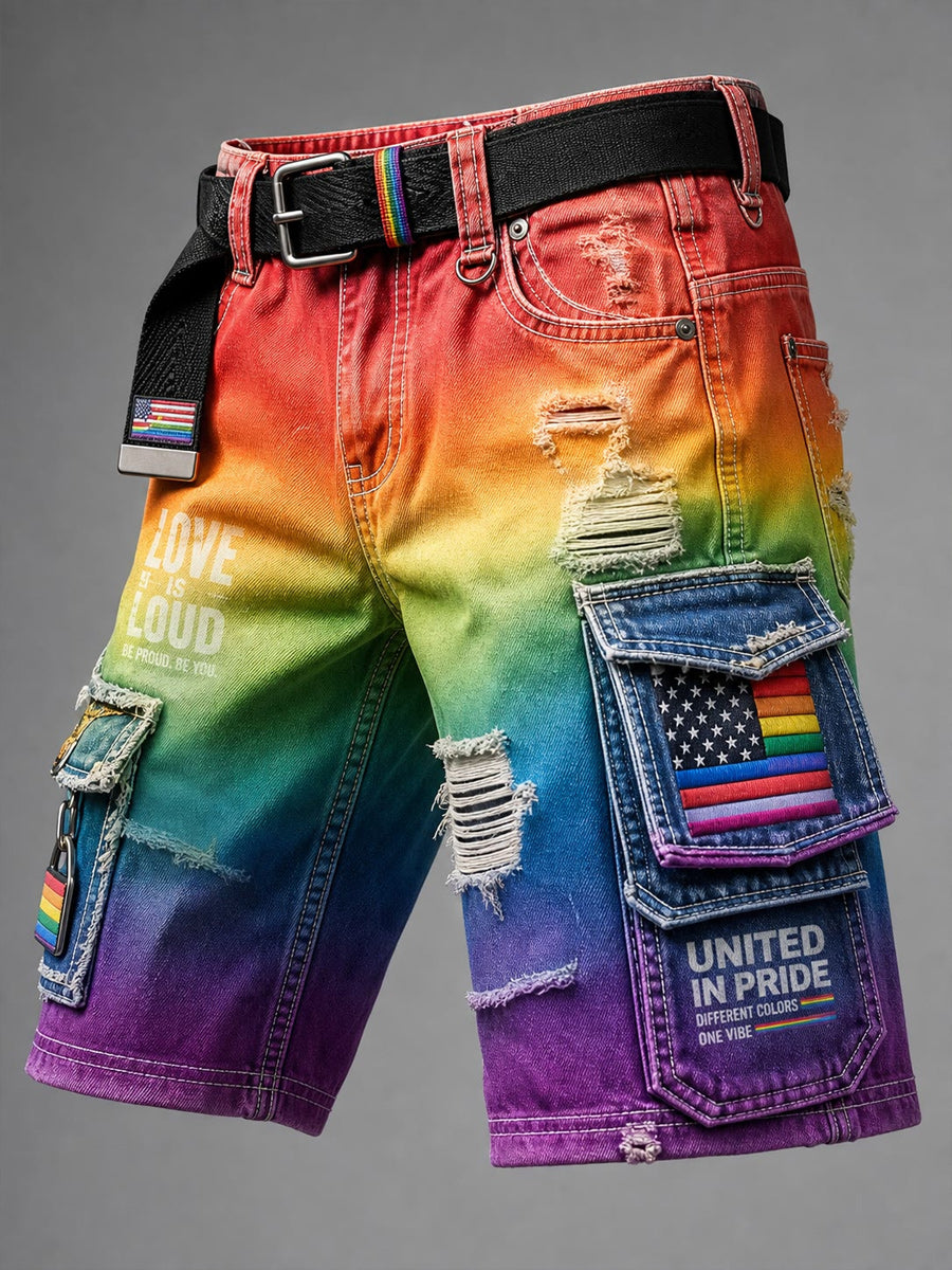 Men's Retro Pride Month Rainbow Art Print Casual Loose Pocket Work Shorts