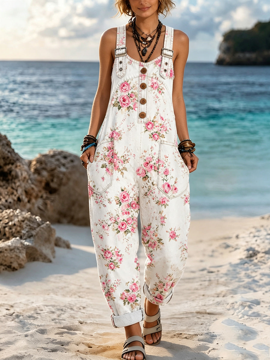 Women's Retro Style Art Print Washed Cotton Denim Patchwork Jumpsuit